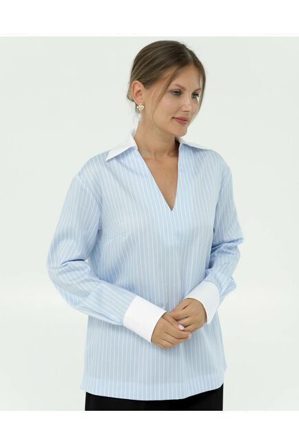 Рубашка хлопковая голубая полоска с белой отделкой 8867 от ByME 