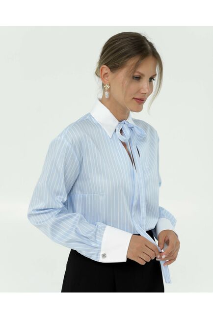 Рубашка хлопковая голубая полоска с белой отделкой 8867 от ByME 
