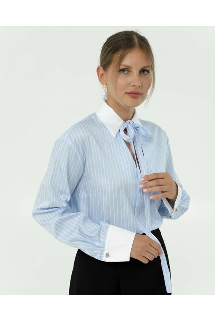 Рубашка хлопковая голубая полоска с белой отделкой 8867 от ByME 