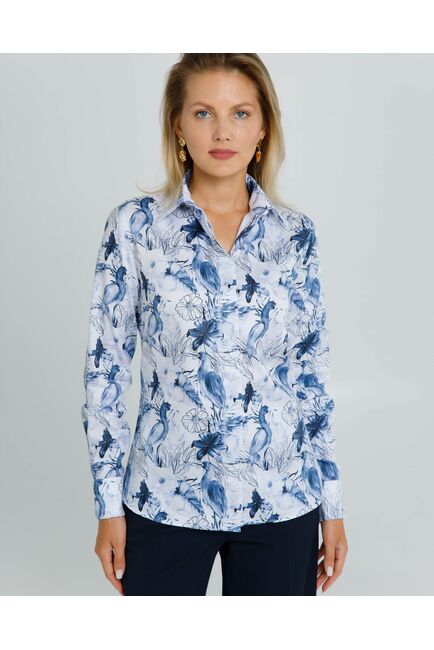 Рубашка хлопковая  принт синие птицы 8882 от byME 