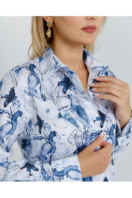 Рубашка хлопковая  принт синие птицы 8882 от byME 