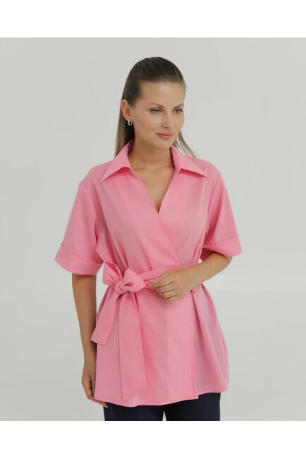 Рубашка хлопковая жатой фактуры розовая на запах 8888 от byME 