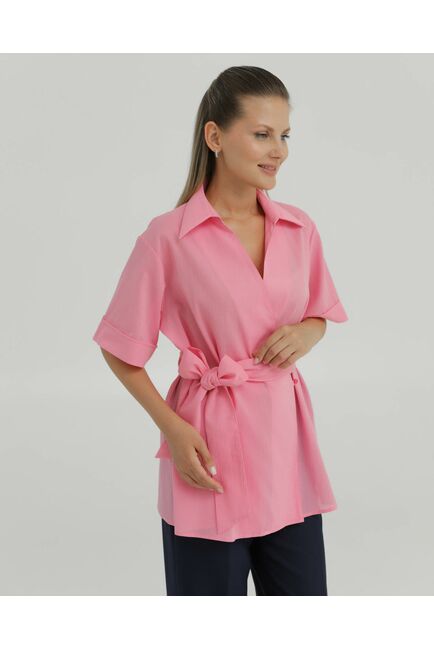 Рубашка хлопковая жатой фактуры розовая на запах 8888 от byME 