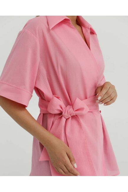 Рубашка хлопковая жатой фактуры розовая на запах 8888 от byME 