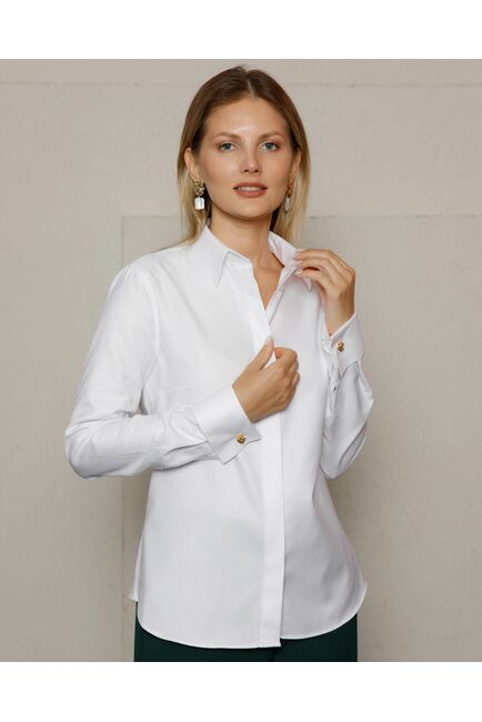 Женская рубашка под запонку белая фактура твилл - 8592 от byME 