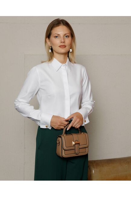 Женская рубашка под запонку белая фактура твилл - 8592 от byME 