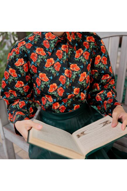 Женская рубашка под пуговицу принт маки - 7844 от byME 