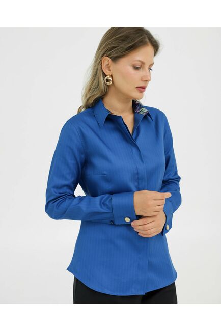 Рубашка хлопковая под запонки синяя с отделкой ирисы 8918 от byME 