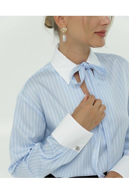 Рубашка хлопковая голубая полоска с белой отделкой 8867 от ByME 