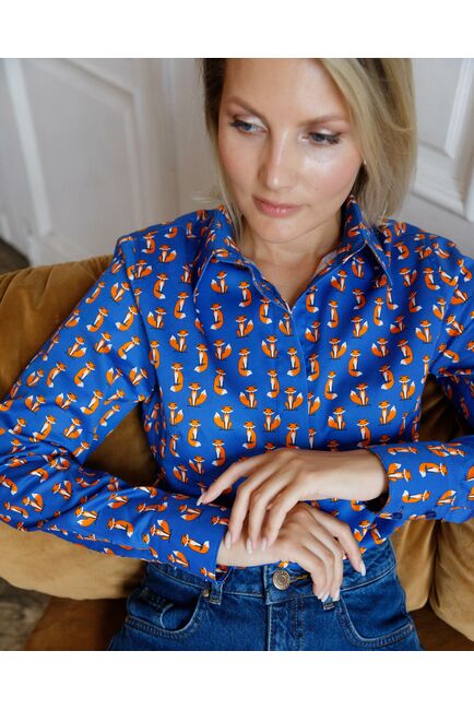 Рубашка хлопковая лисы на синем фоне под пуговицы 8873 от byME 