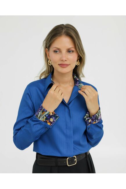 Рубашка хлопковая под запонки синяя с отделкой ирисы 8918 от byME 