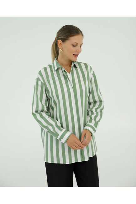 Рубашка хлопковая белая в зеленую крупную полоску 8936 от byME 