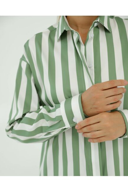 Рубашка хлопковая белая в зеленую крупную полоску 8936 от byME 