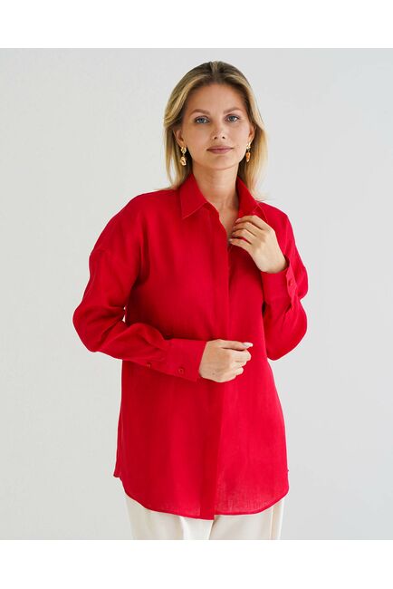 Женская рубашка изо льна оверсайз красная- 8576 от byME 