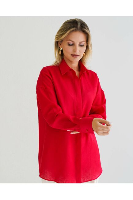 Женская рубашка изо льна оверсайз красная- 8576 от byME 