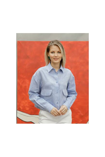 Женская льяная рубашка укороченная с карманами синяя - 8501 от byME 