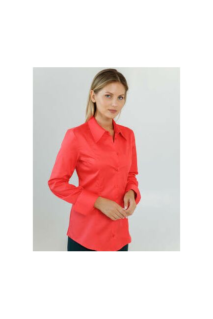 Женская рубашка приталенная под пуговицы в коралловом цвете из хлопка сатинового плетения - 8602 от ByME 