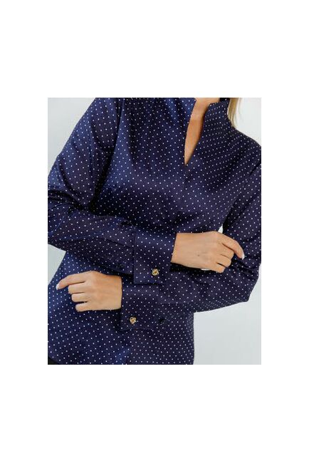 Женская рубашка под запонки воротник стойка синяя в белый горошек- 8607 от byME 