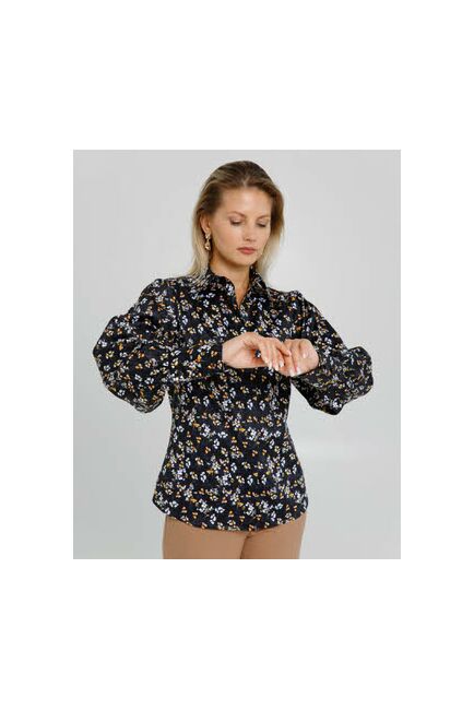 Женская рубашка с пышным рукавом с супатной застёжкой в чёрном цвете с цветами  - 8637 от byME 