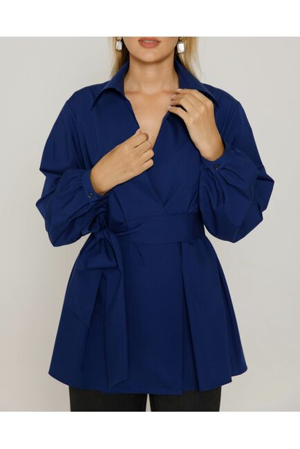 Женская рубашка на запа́х с поясом синяя - 8643 от byME 