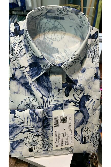 Рубашка хлопковая  принт синие птицы 8882 от byME 