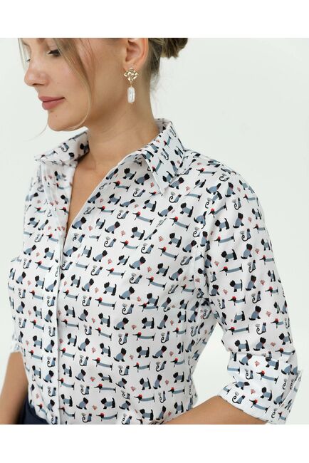 Женская рубашка из хлопка с рукавом 3/4 принт собачки в полоску от byME 