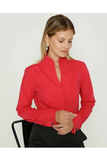 Женская рубашка под запонку воротник стойка красная - 8644 от byME 