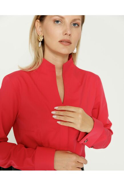 Женская рубашка под запонку воротник стойка красная - 8644 от byME 
