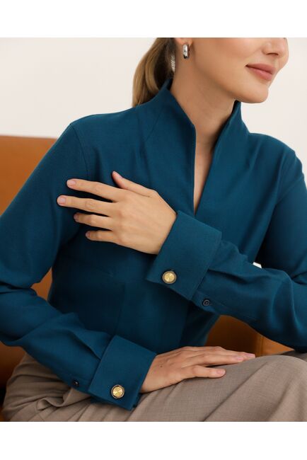 Рубашка синяя под запонки  воротник стойка - 8942 от byME 