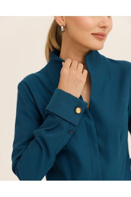 Рубашка синяя под запонки  воротник стойка - 8942 от byME 