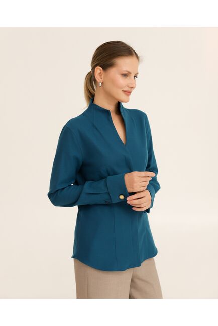 Рубашка синяя под запонки  воротник стойка - 8942 от byME 