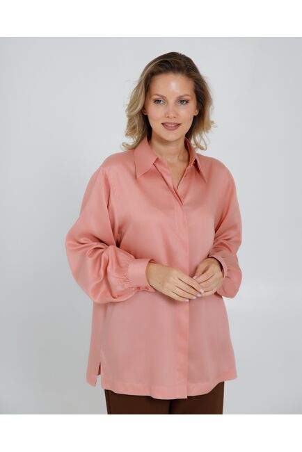 Женская рубашка под пуговицу персиковая в прямом силуэте - 8522 от byME 