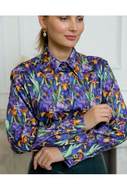 Женская рубашка из хлопка с принтом ирисы с универсальной манжетой - 8731 от byME 
