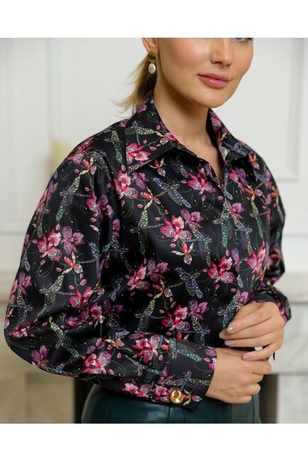 Женская рубашка из хлопка с принтом стрекозы с лилиями с универсальной манжетой - 8732 от byME 