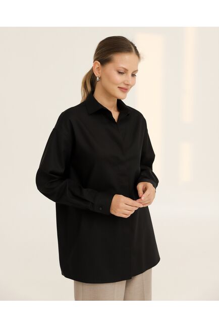 Рубашка хлопковая черная фактура елочка - 8954 от byME 