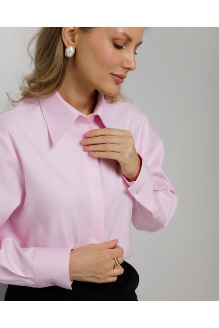 Рубашка хлопковая розовая фактура твилл с пуговицами по бокам - 8957 от byME 