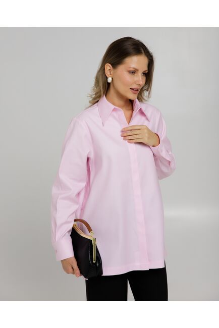 Рубашка хлопковая розовая фактура твилл с пуговицами по бокам - 8957 от byME 