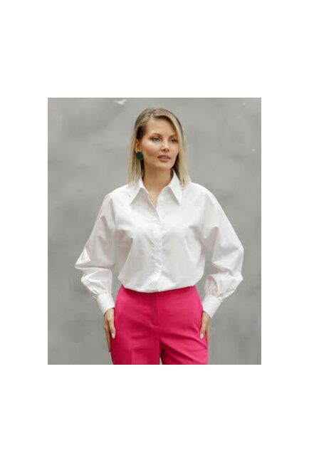 Женская рубашка оверсайз под пуговицу с пышным рукавом белая - 8520 от byME 