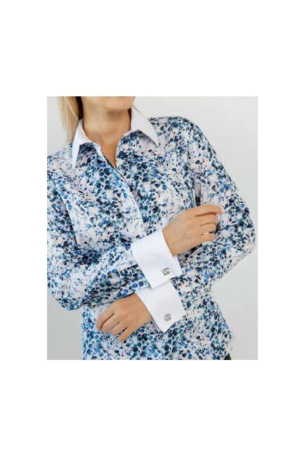 Женская рубашка с манжетой под запонки полуприталенного силуэта принт акварель в синем- 8621 от byME 