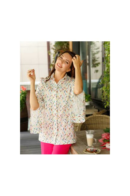 Женская рубашка из хлопка сатинового плетения принт перья с пуговицами на рукавах- 8635 от ByME 