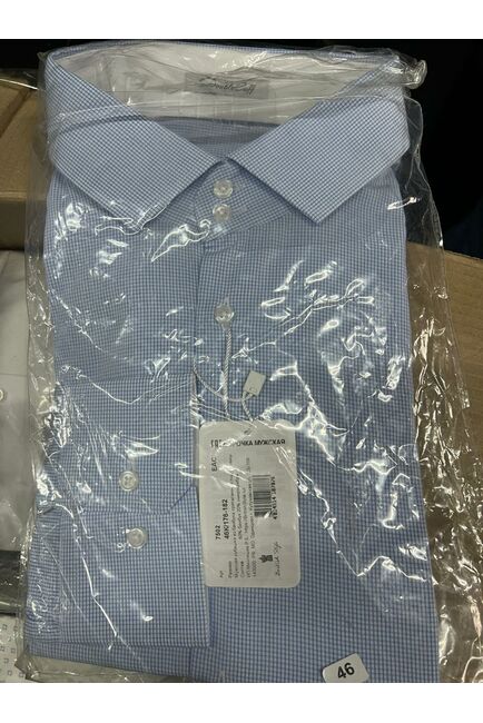 Мужская рубашка из бамбука приталенная под пуговицы голубая в мелкую клетку - 7502 от DoubleCuff 