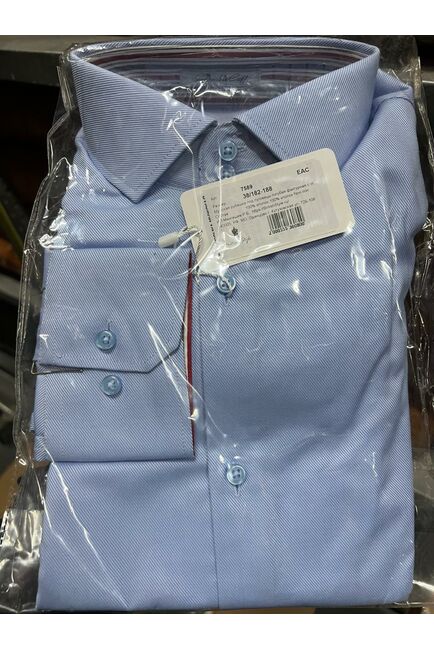 Мужская рубашка под пуговицы голубая фактурная с отделкой Non-Iron - 7589 от DoubleCuff 