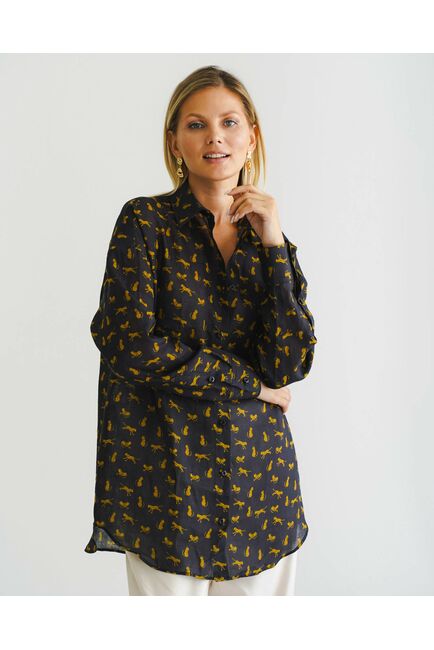 Женская рубашка из крапивы принт золотые леопарды на черном фоне- 8553 от byME 