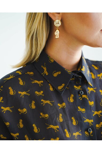 Женская рубашка из крапивы принт золотые леопарды на черном фоне- 8553 от byME 