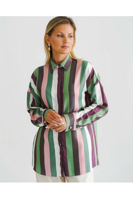 Женская рубашка оверсайз в разноцветную широкую полоску -8538 от byME 
