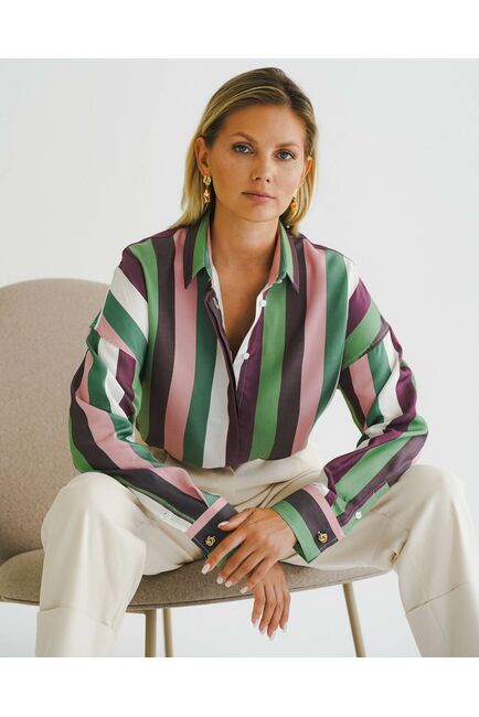 Женская рубашка оверсайз в разноцветную широкую полоску -8538 от byME 