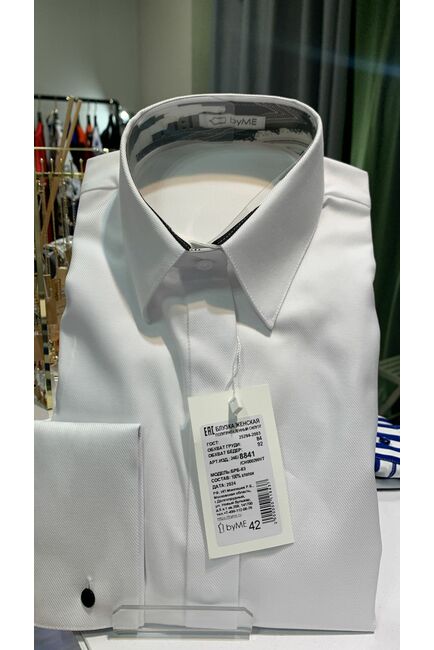 Женская рубашка из хлопка под запонки белая с отделкой геометрический узор 8841 от byME 