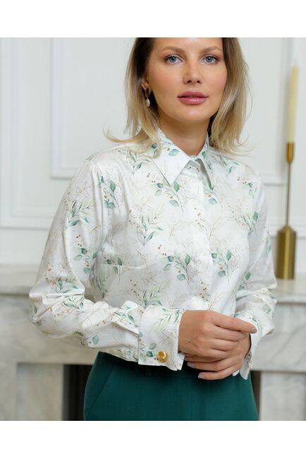 Женская рубашка из хлопа под запонки с принтом зеленые и золотистые веточки - 8719 от byME 