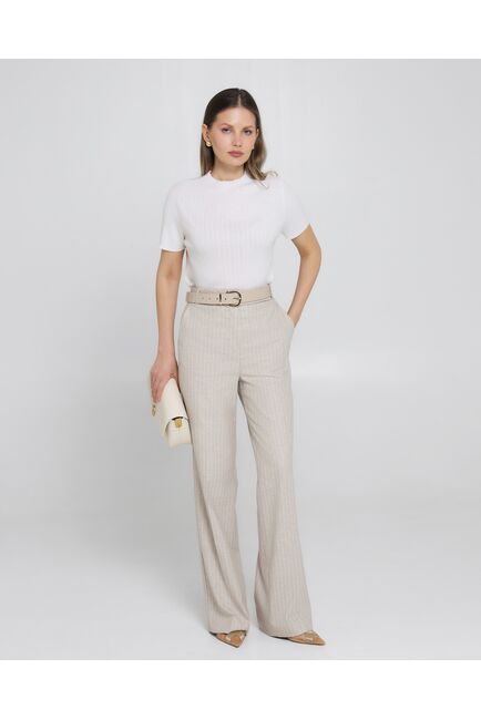 Женские брюки из хлопка и льна бежевые в тонкую полоску-B0010 от byME 