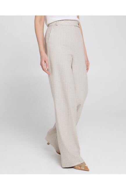 Женские брюки из хлопка и льна бежевые в тонкую полоску-B0010 от byME 